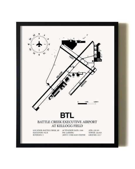 Framed Battle Creek Executive Airport At Kellogg Field wall art poster in black frame