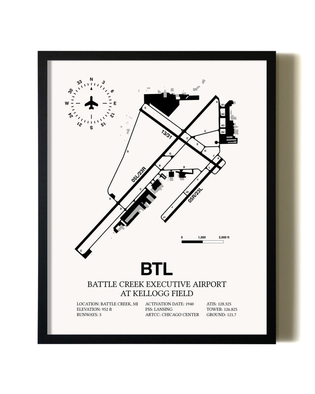 Framed Battle Creek Executive Airport At Kellogg Field wall art poster in black frame