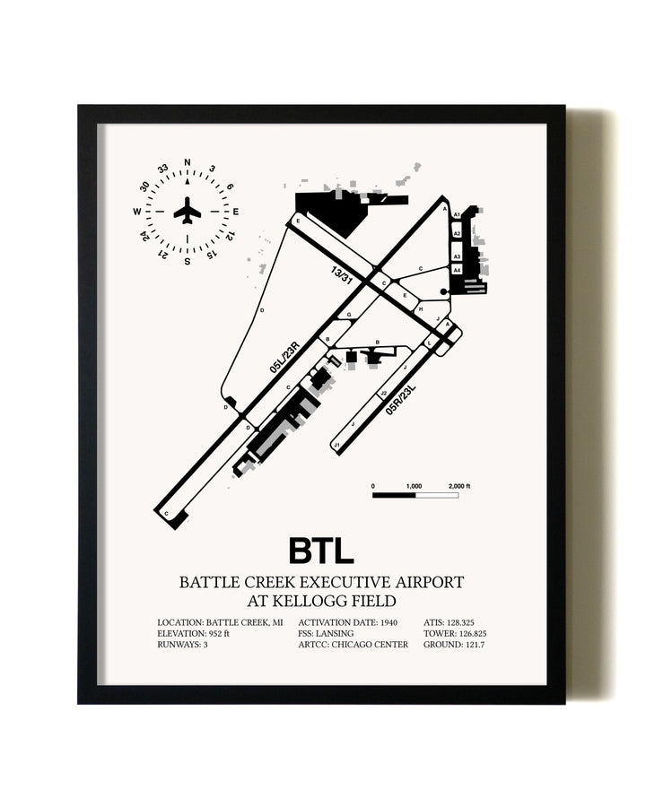 Framed Battle Creek Executive Airport At Kellogg Field wall art poster in black frame