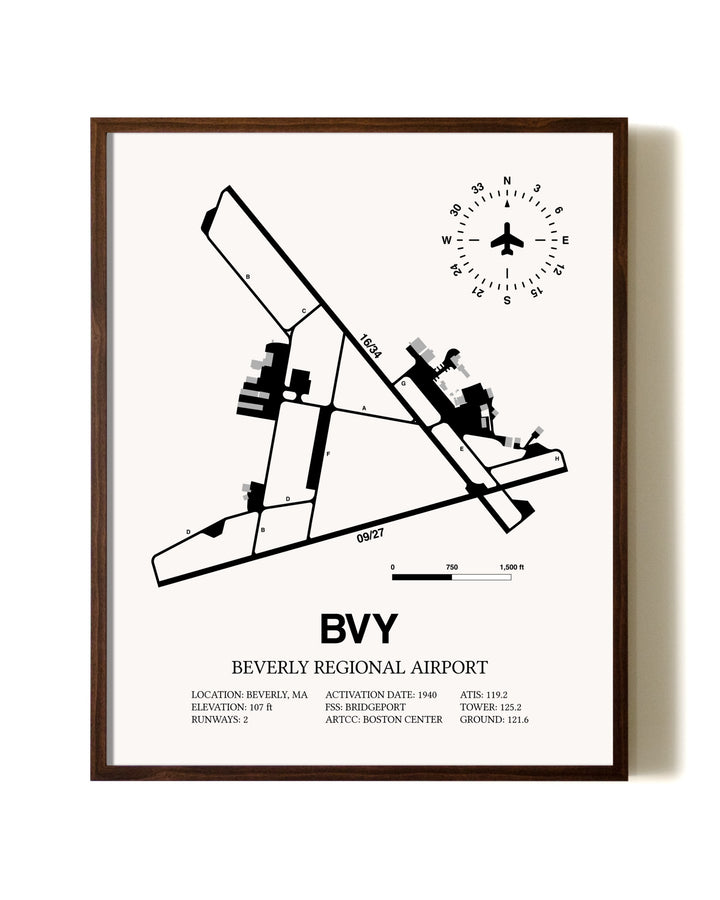 Beverly Regional Airport aviation print in walnut frame