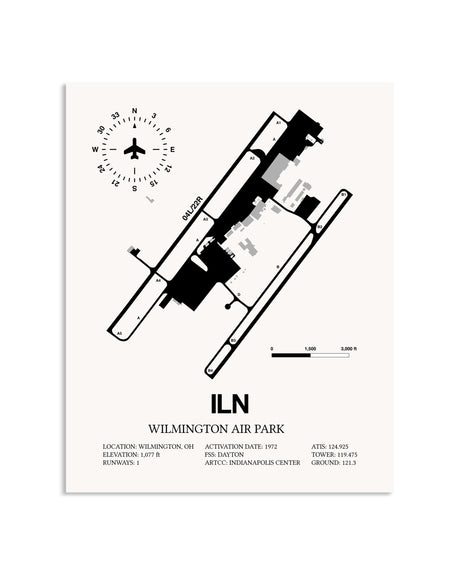 Gray Wilmington Air Park framed poster displayed in an airplane hangar