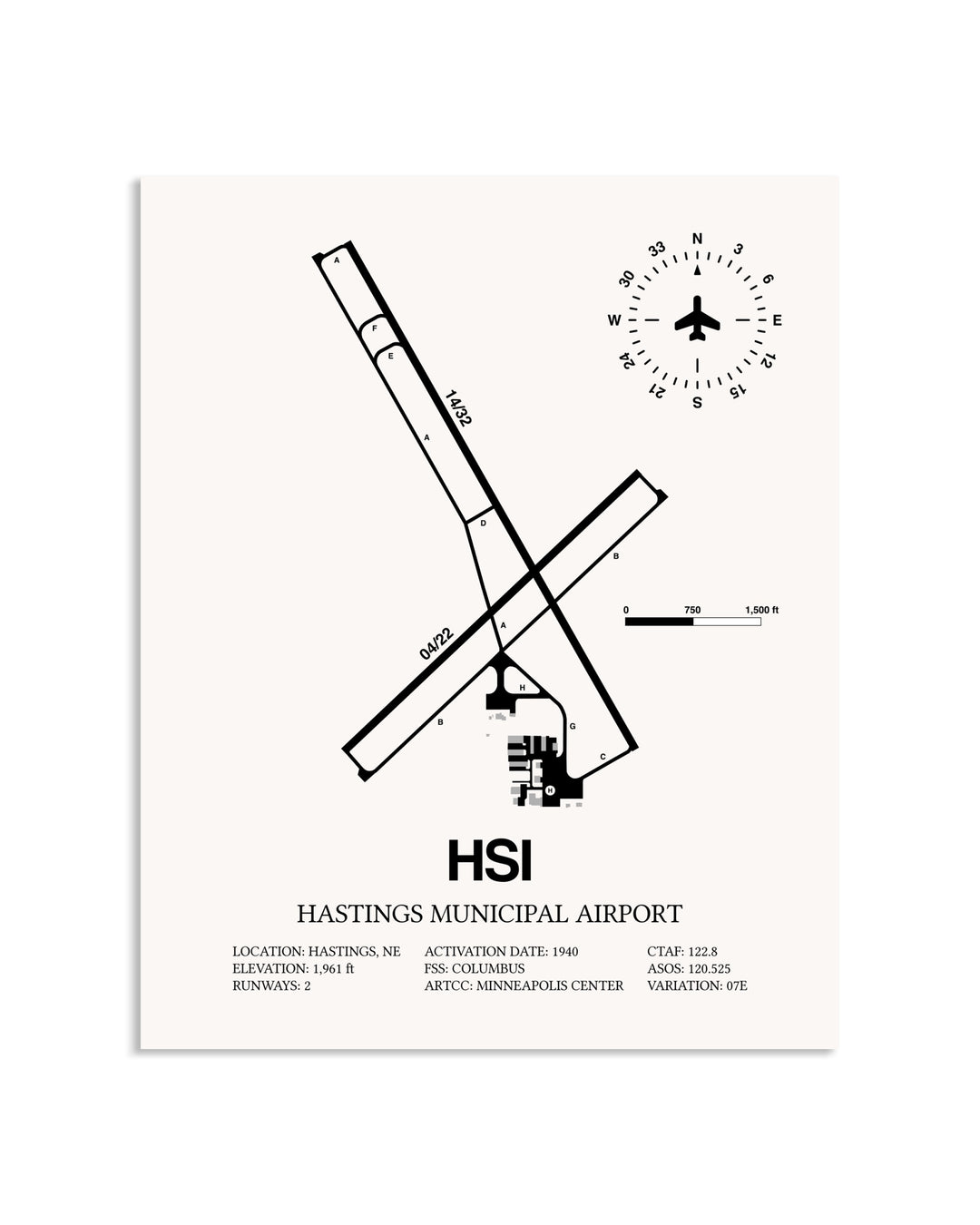 Gray Hastings Municipal Airport framed poster displayed in an airplane hangar