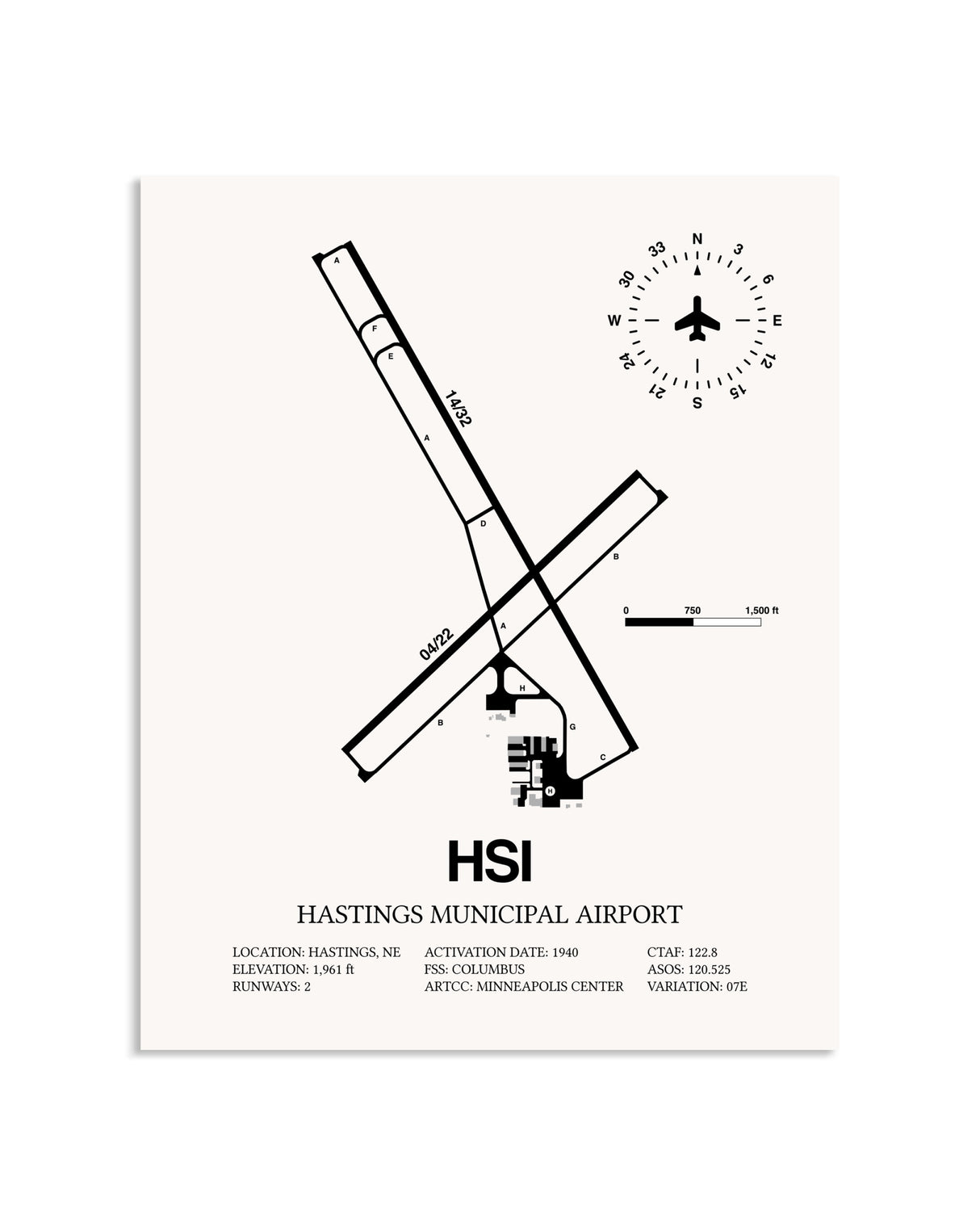 Gray Hastings Municipal Airport framed poster displayed in an airplane hangar