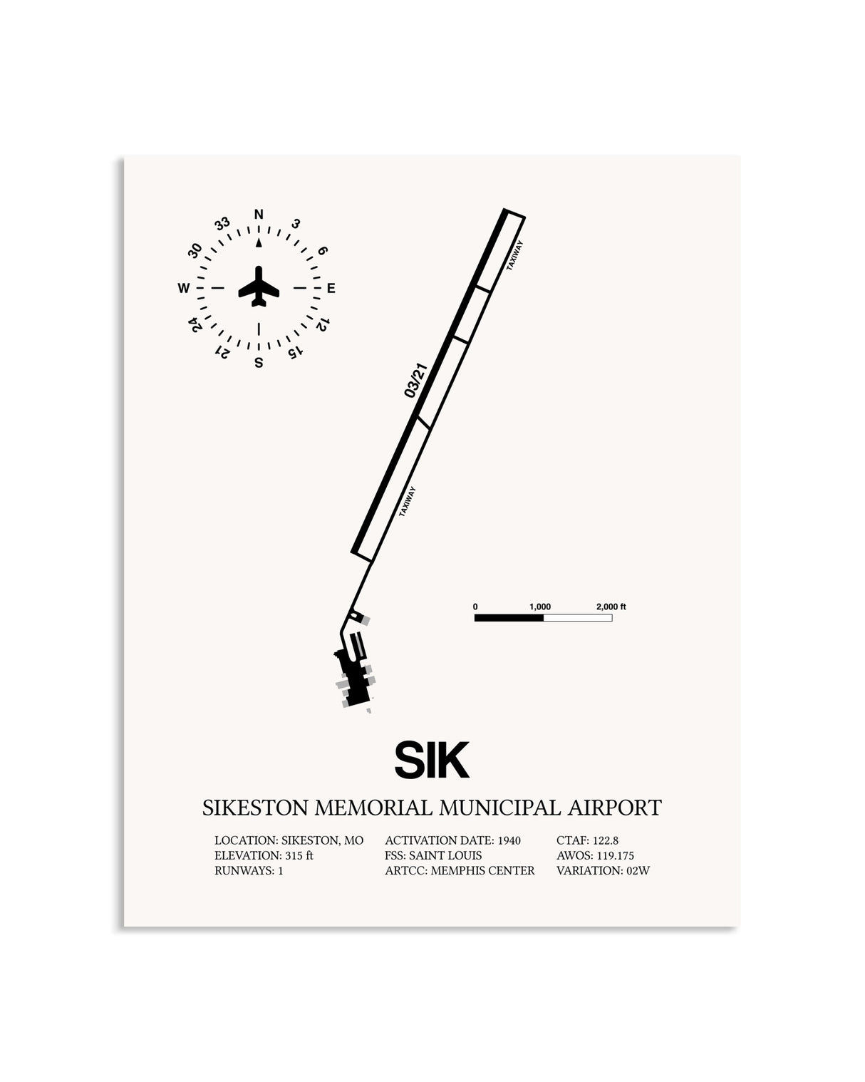 Gray Sikeston Memorial Municipal Airport framed poster displayed in an airplane hangar
