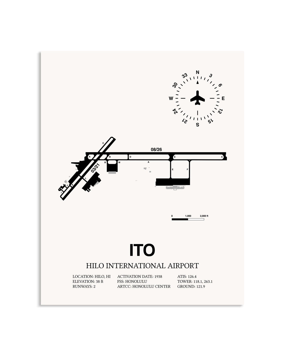Gray Hilo International Airport framed poster displayed in an airplane hangar