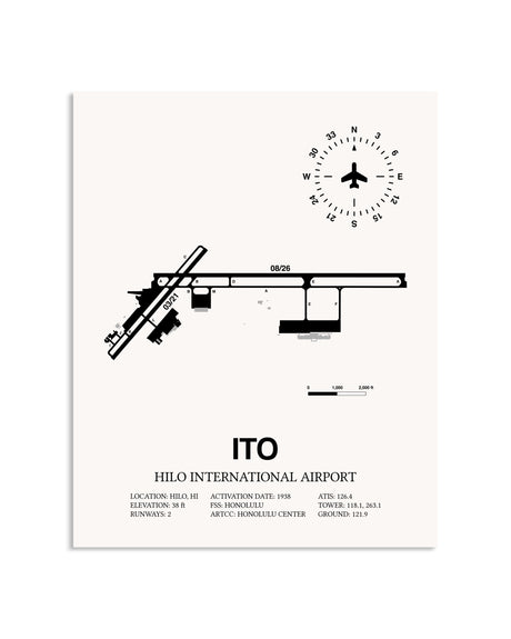 Gray Hilo International Airport framed poster displayed in an airplane hangar