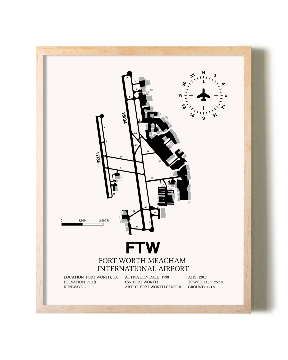 Fort Worth Meacham International Airport framed wall art in white frame