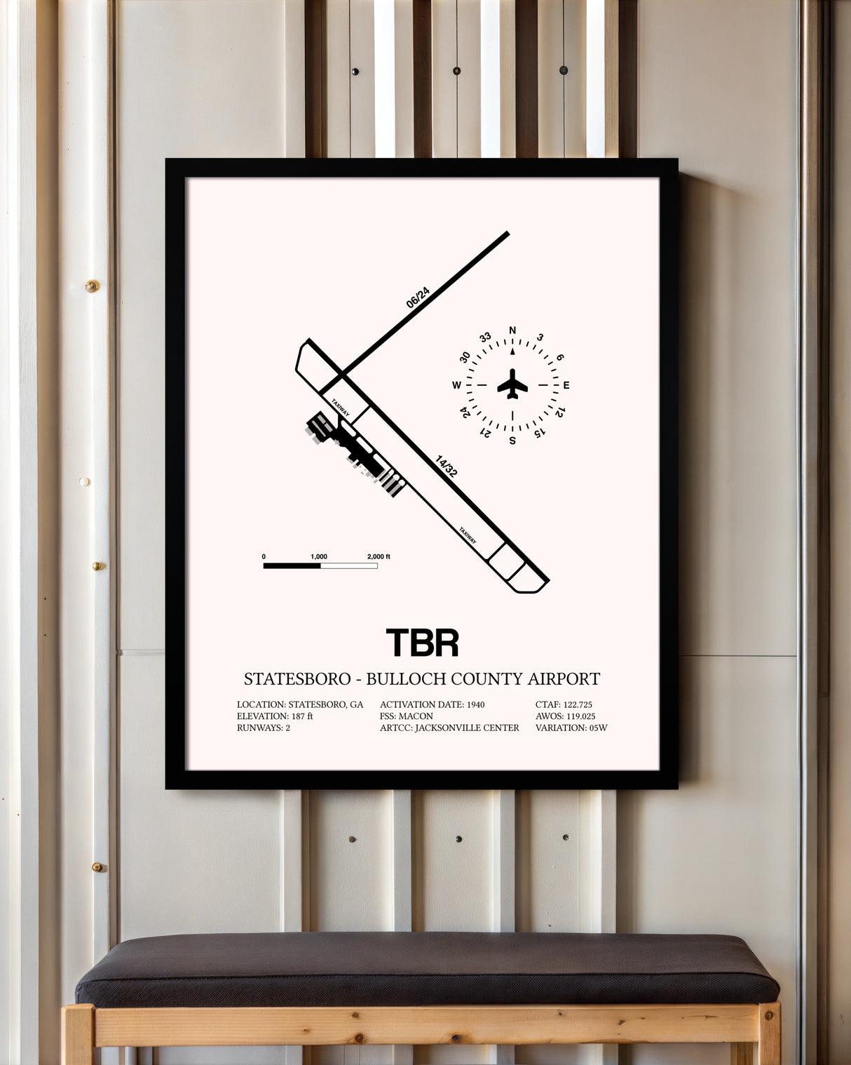 Statesboro-Bulloch County Airport framed poster displayed in an airplane hangar