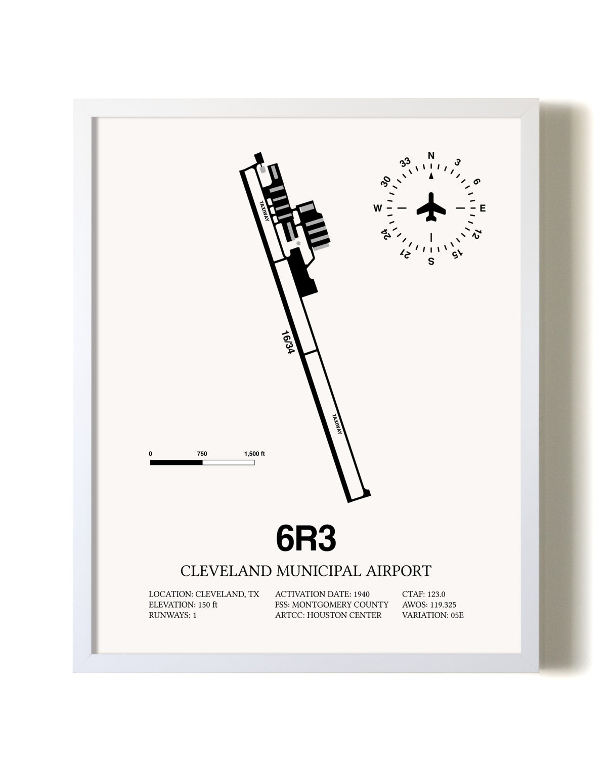 Cleveland Municipal Airport airport map poster in oak frame