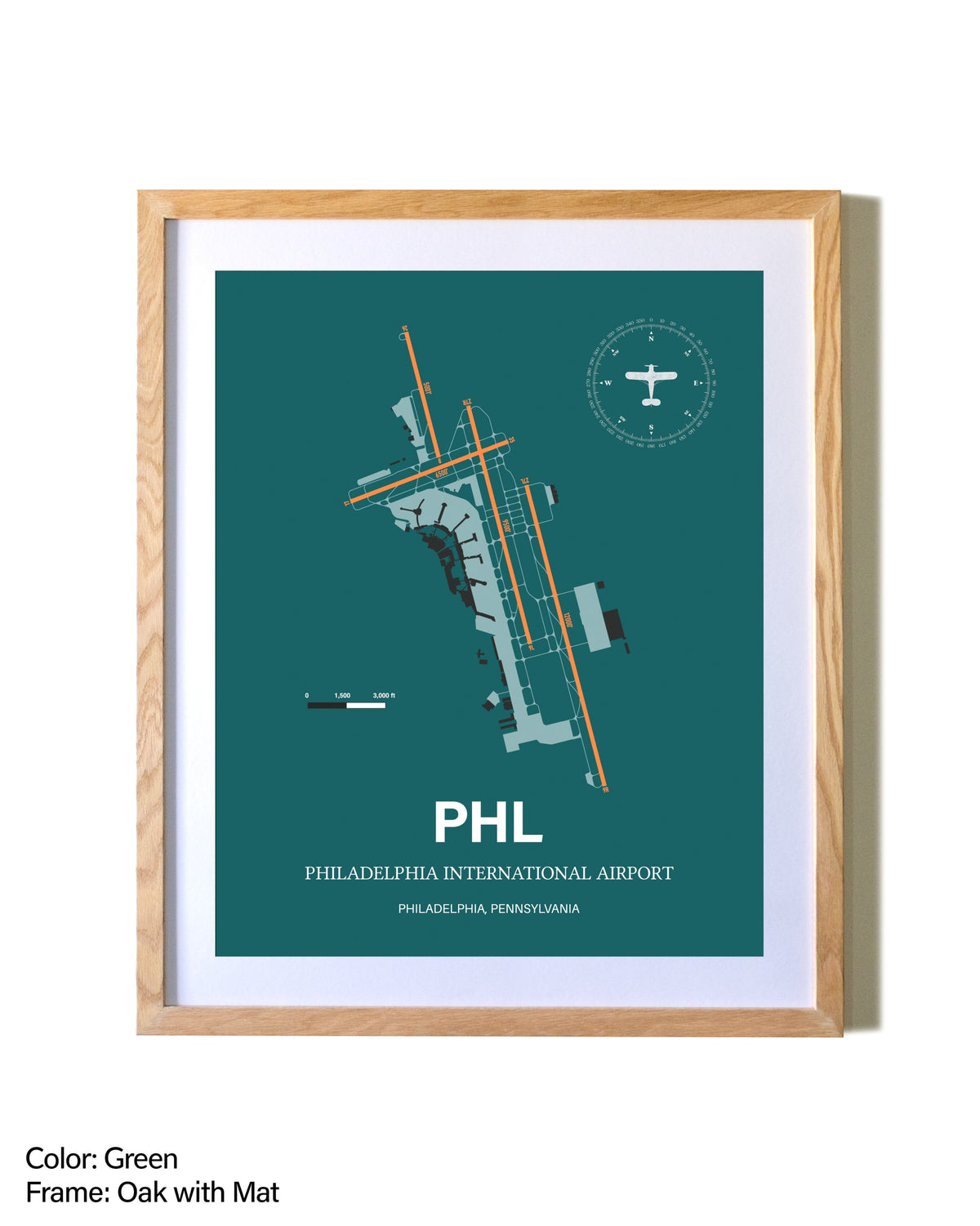 Philadelphia International Airport airport map poster in oak frame with mat