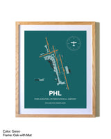 Philadelphia International Airport airport map poster in oak frame with mat
