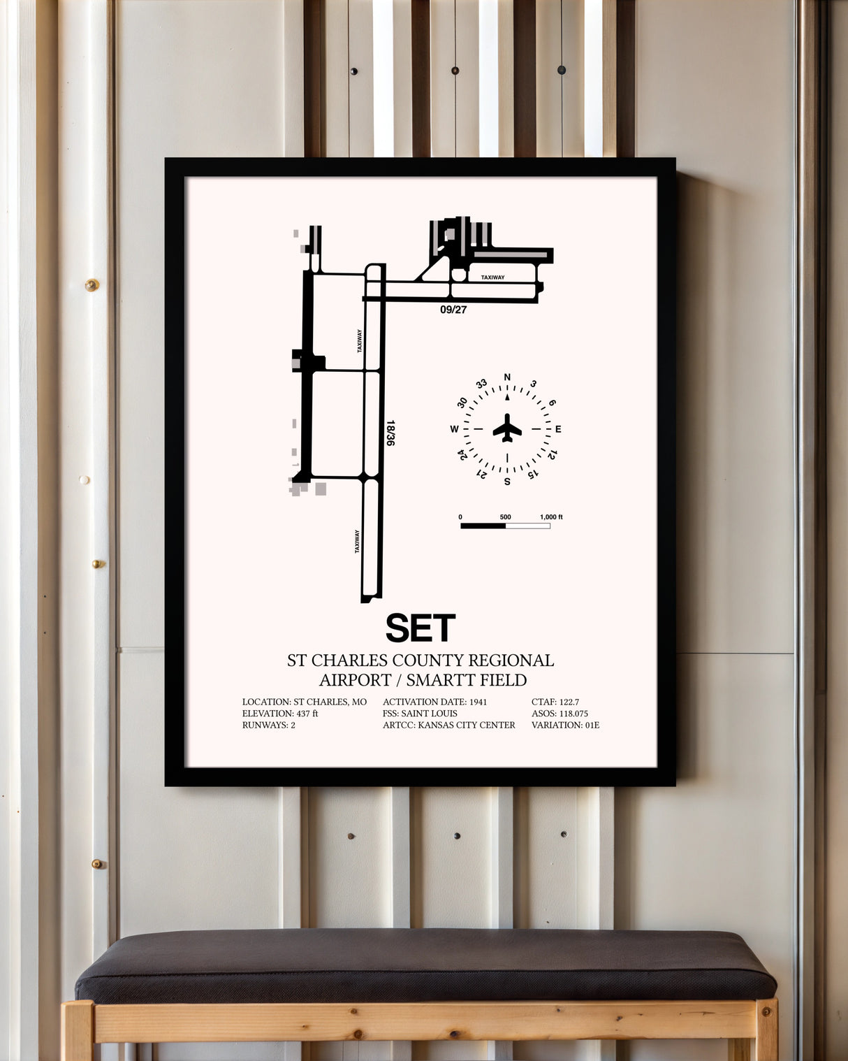 St. Charles County Regional Airport / Smartt Field framed poster displayed in an airplane hangar