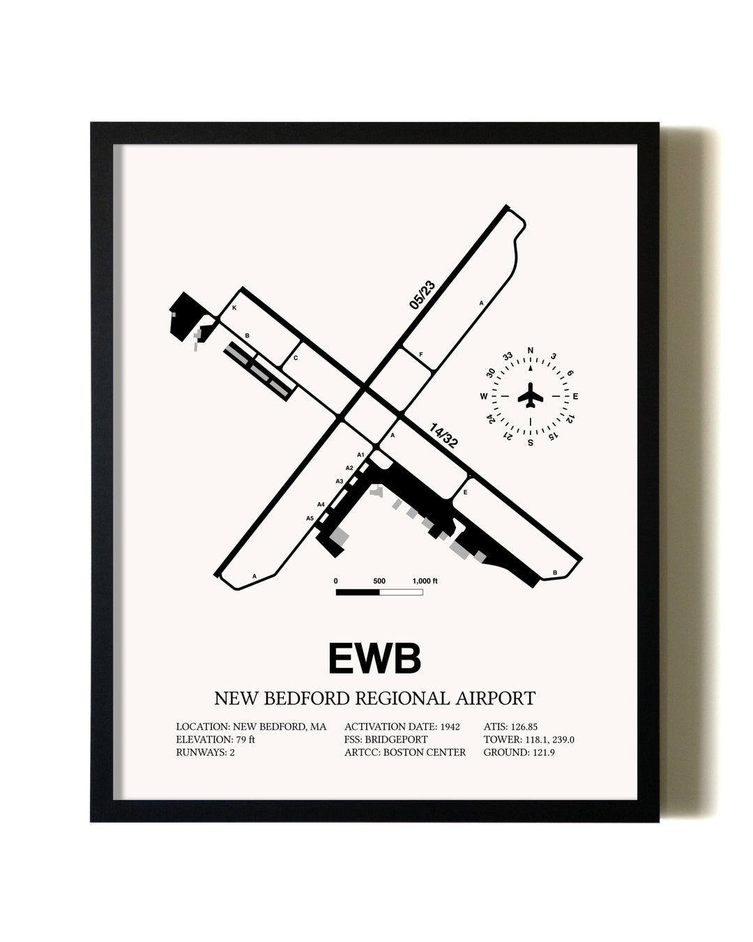 Framed New Bedford Regional Airport wall art poster in black frame