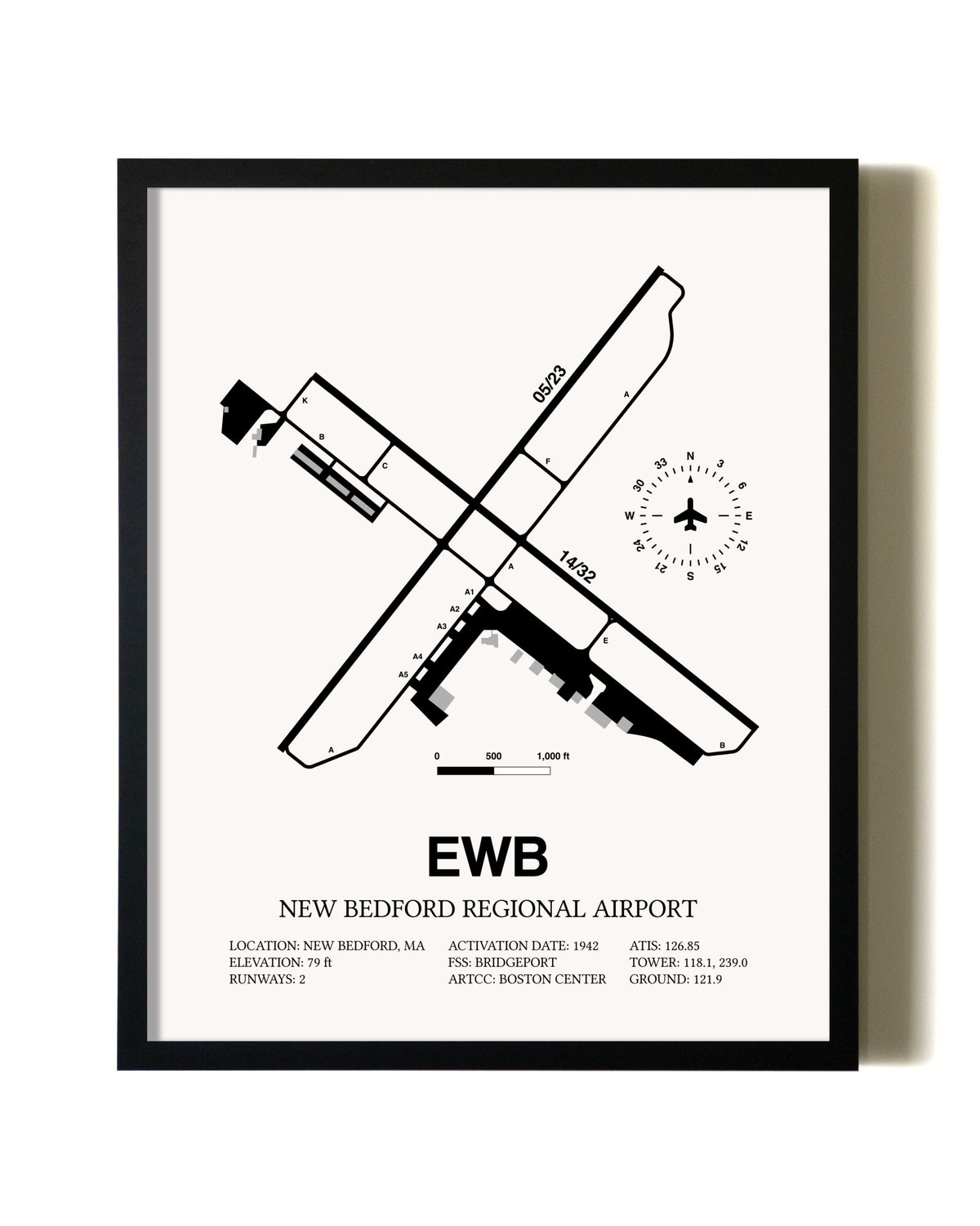 Framed New Bedford Regional Airport wall art poster in black frame
