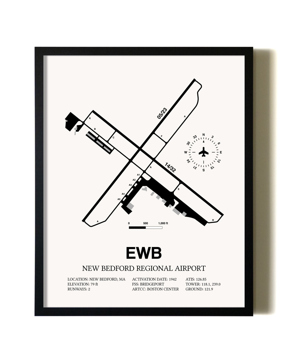 Framed New Bedford Regional Airport wall art poster in black frame