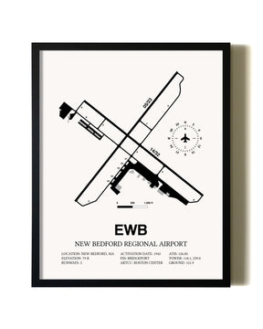 Framed New Bedford Regional Airport wall art poster in black frame