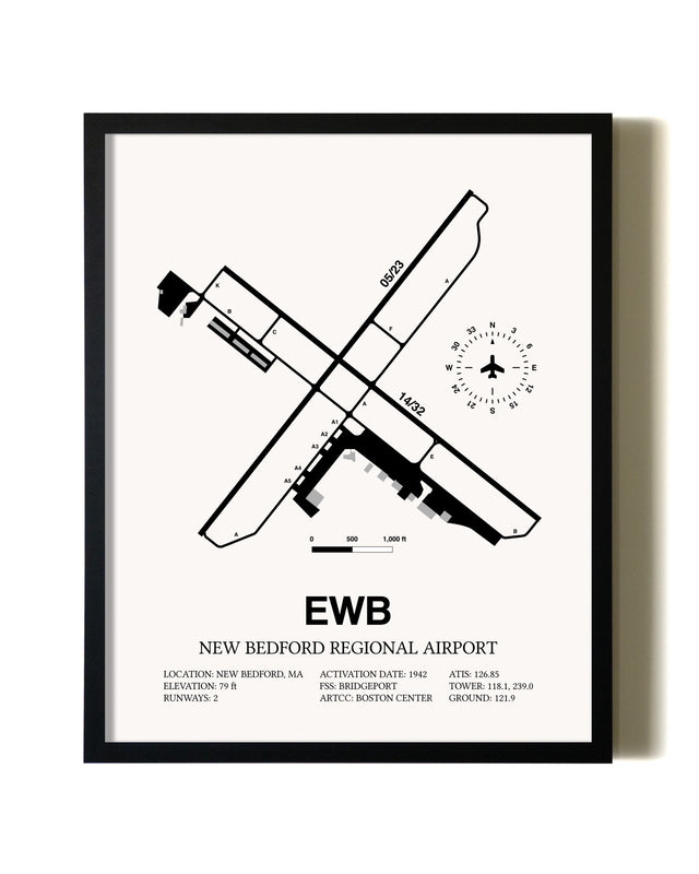 Framed New Bedford Regional Airport wall art poster in black frame