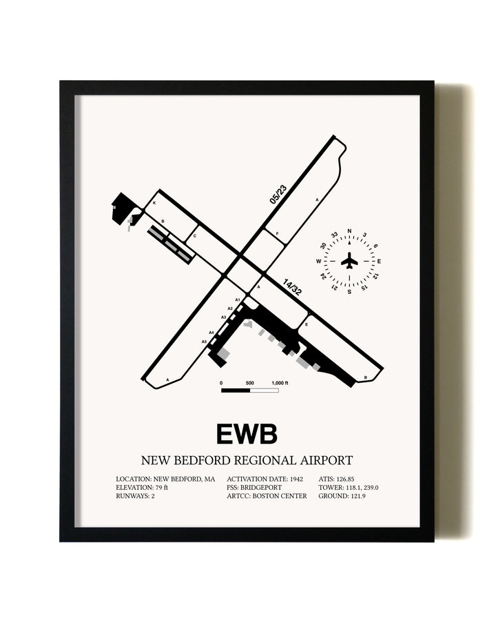 Framed New Bedford Regional Airport wall art poster in black frame