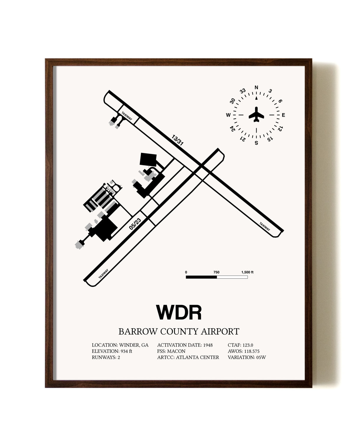 Barrow County Airport aviation print in walnut frame