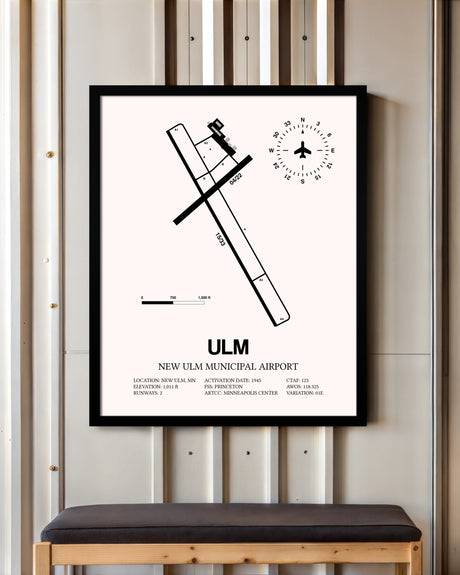 New Ulm Municipal Airport framed poster displayed in an airplane hangar