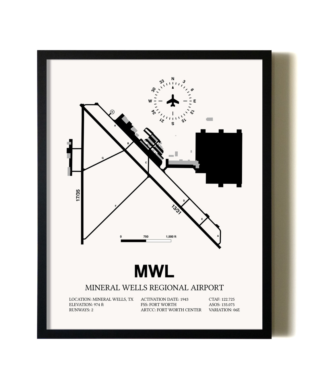 Framed Mineral Wells Regional Airport wall art poster in black frame