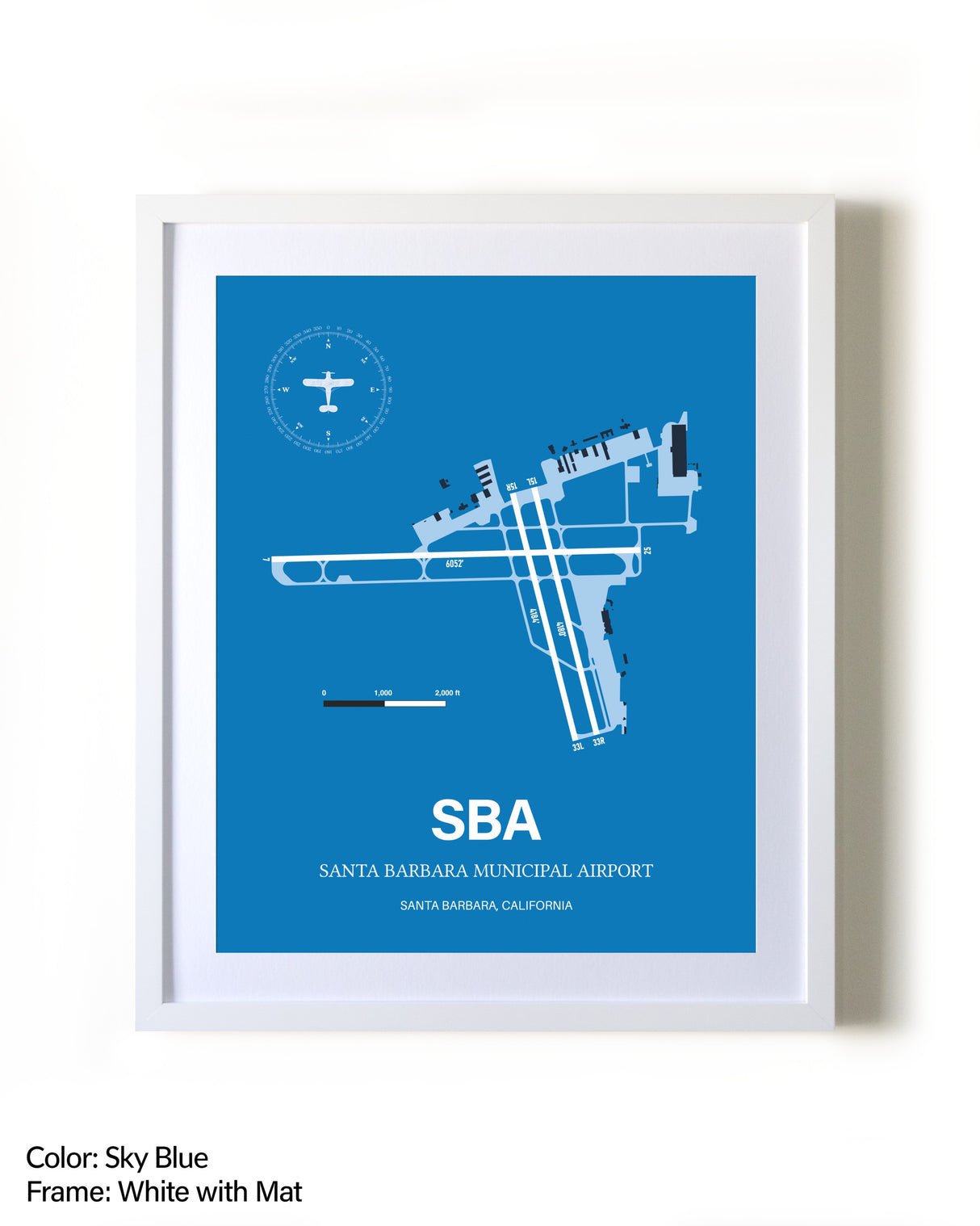 Santa Barbara Municipal Airport framed wall art in white frame with mat