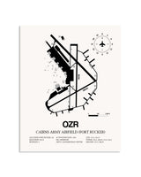 Gray Cairns Army Airfield (Fort Rucker) framed poster displayed in an airplane hangar