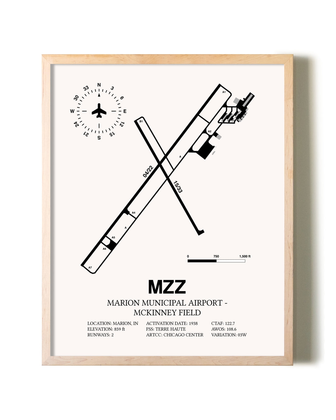 Marion Municipal Airport-McKinney Field framed wall art in white frame