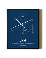 Aviation Blue Framed Jackson County Airport/Reynolds Field layout wall art poster