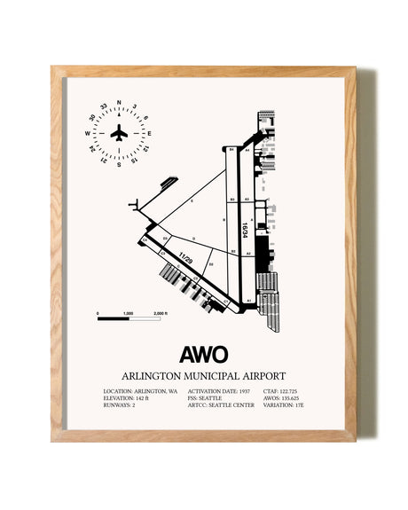 Arlington Municipal Airport framed print in natural wood frame