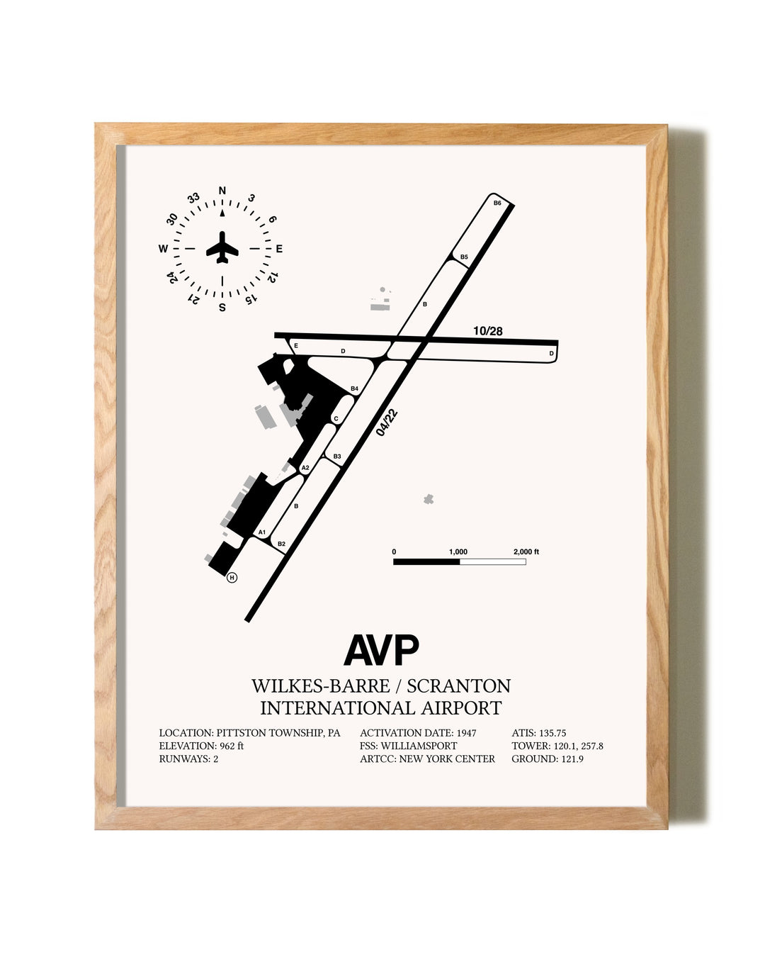 Wilkes-Barre / Scranton International Airport framed print in natural wood frame