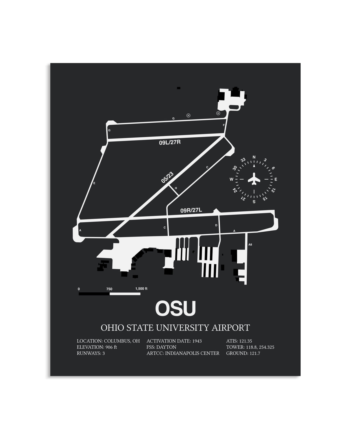Gray Framed Ohio State University Airport layout wall art poster