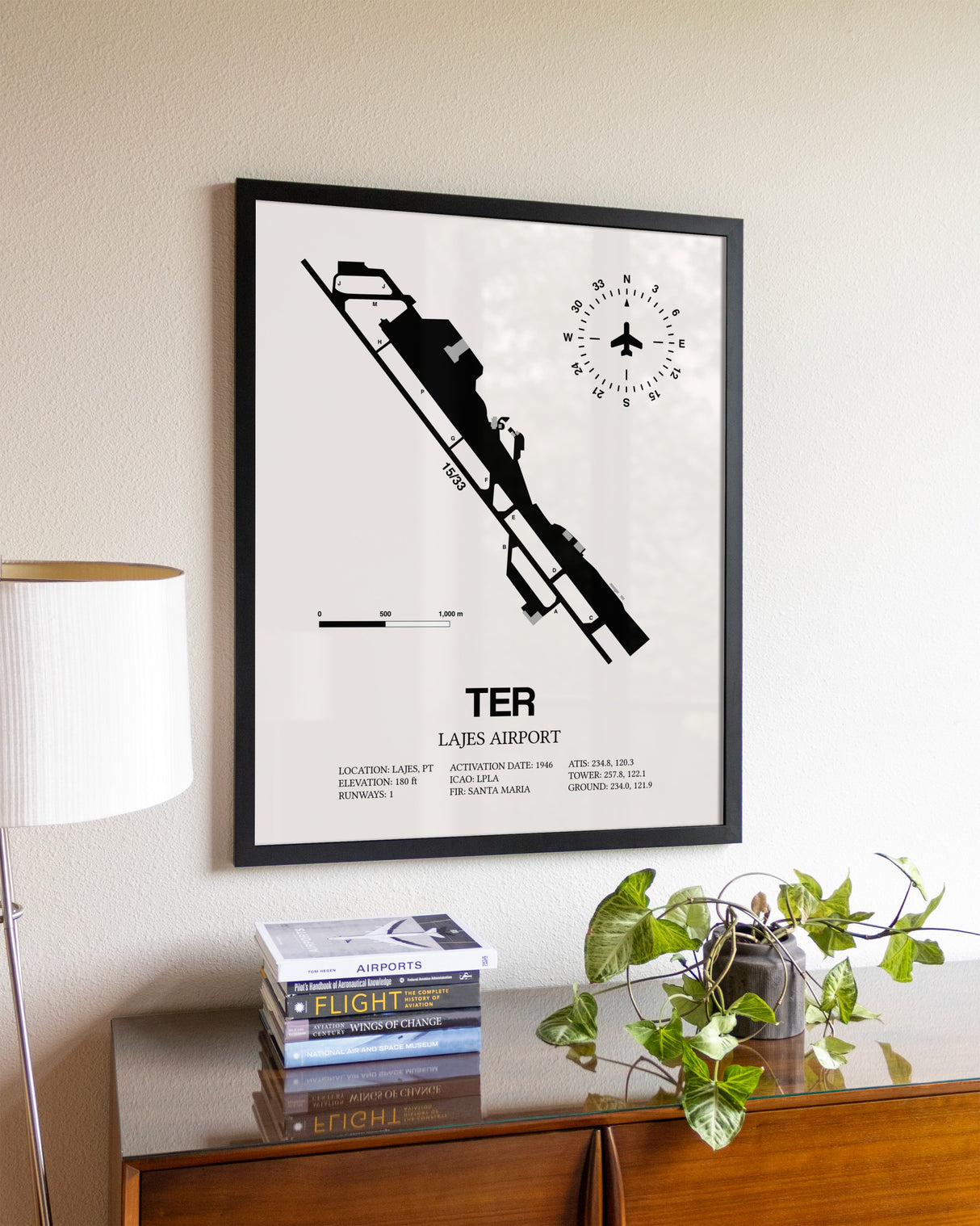 Gray Framed Lajes Airport wall art poster in black frame