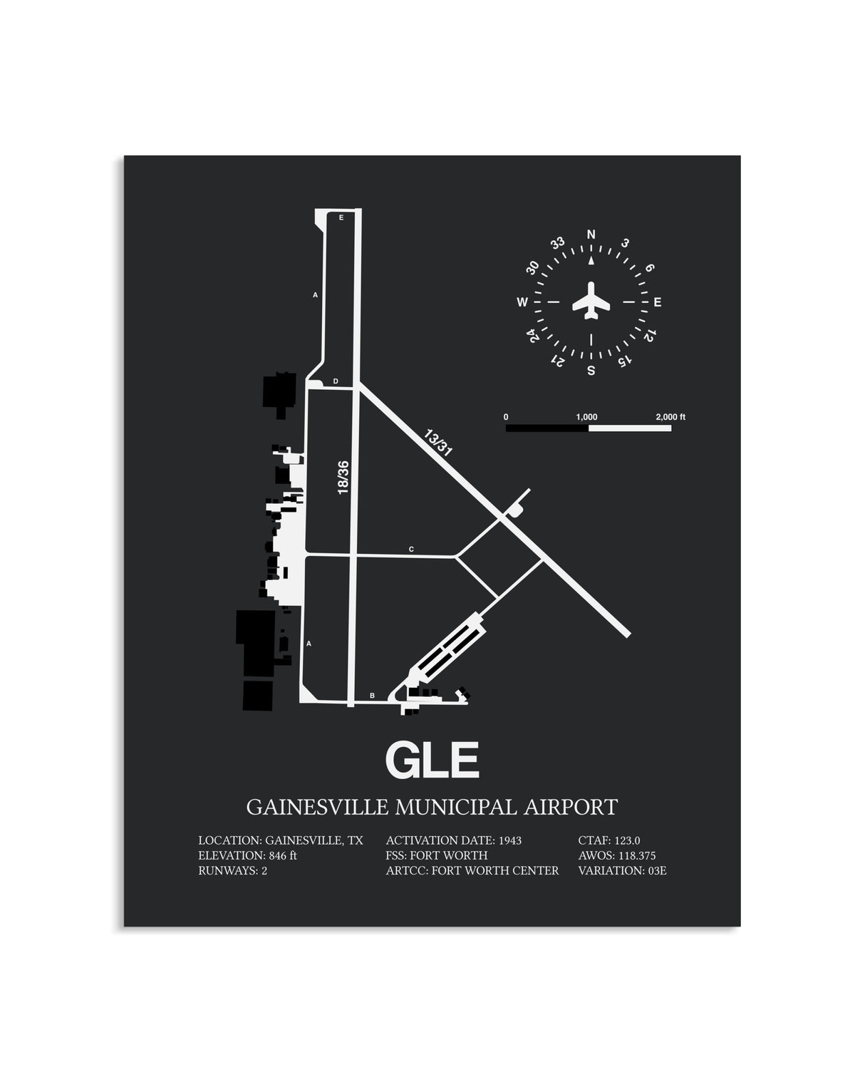 Gray Framed Gainesville Municipal Airport layout wall art poster