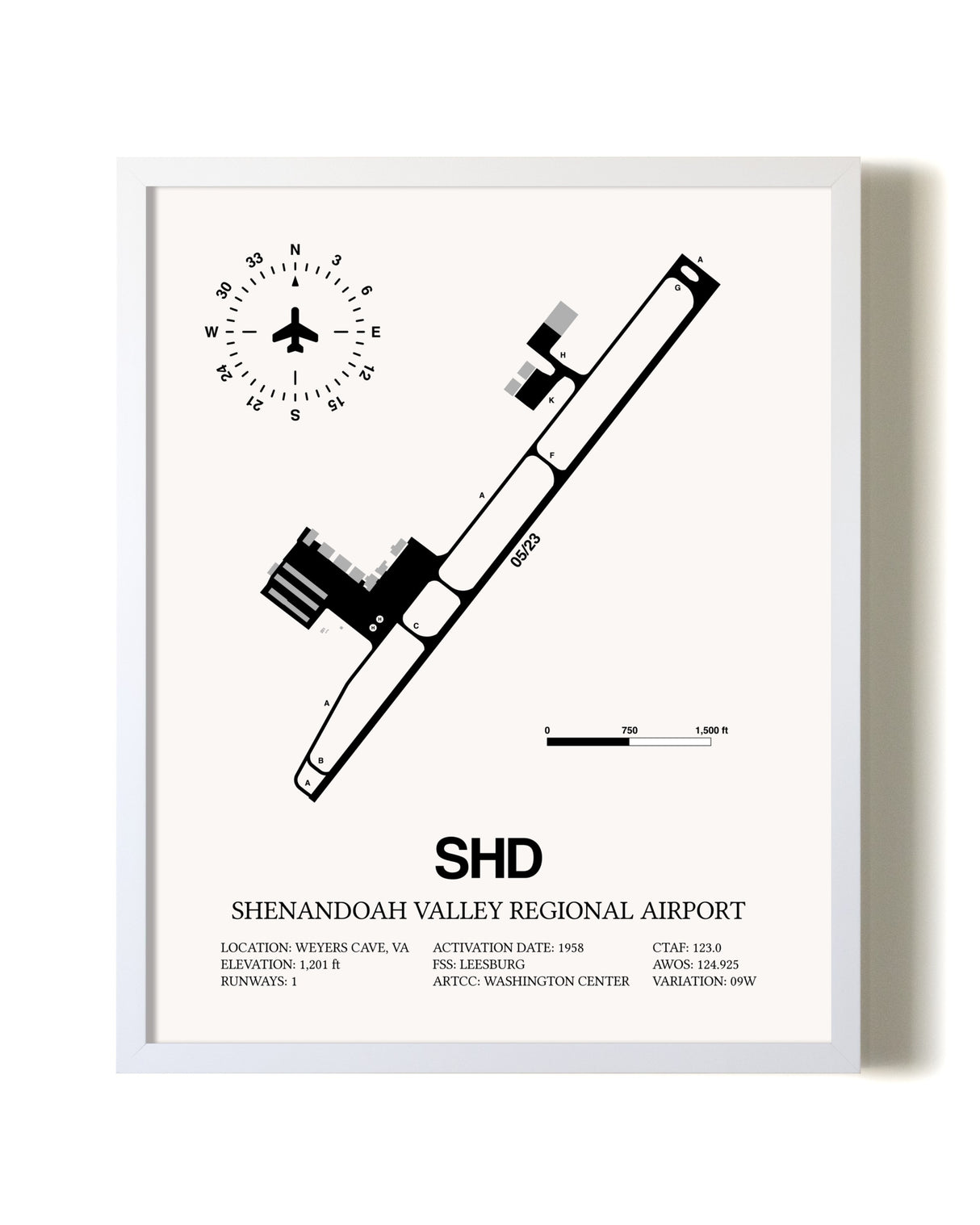 Shenandoah Valley Regional Airport airport map poster in oak frame
