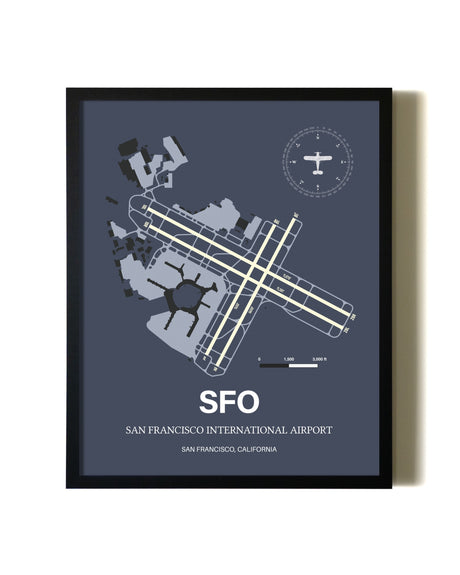 Blue and Cream Framed San Francisco International Airport layout wall art poster