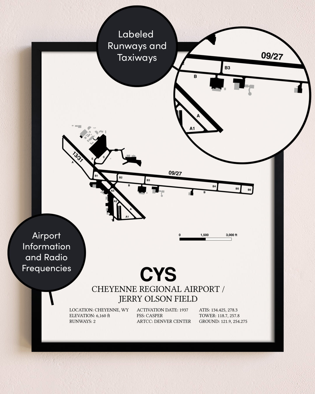 Framed Cheyenne Regional Airport / Jerry Olson Field layout wall art poster