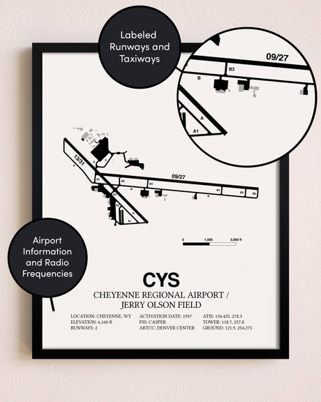 Framed Cheyenne Regional Airport / Jerry Olson Field layout wall art poster