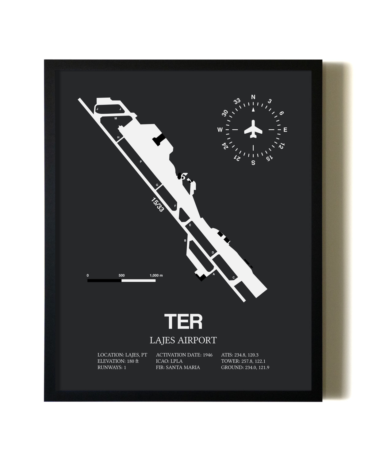 Framed Lajes Airport wall art poster in black frame