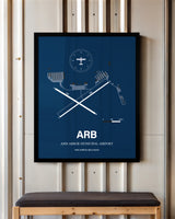 Ann Arbor Municipal Airport framed poster displayed in an airplane hangar