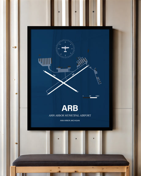 Ann Arbor Municipal Airport framed poster displayed in an airplane hangar