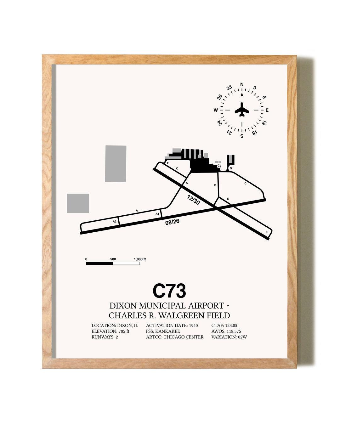 Dixon Municipal Airport-Charles R. Walgreen Field framed print in natural wood frame