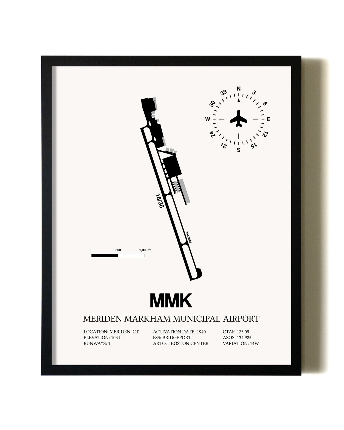 Framed Meriden Markham Municipal Airport wall art poster in black frame
