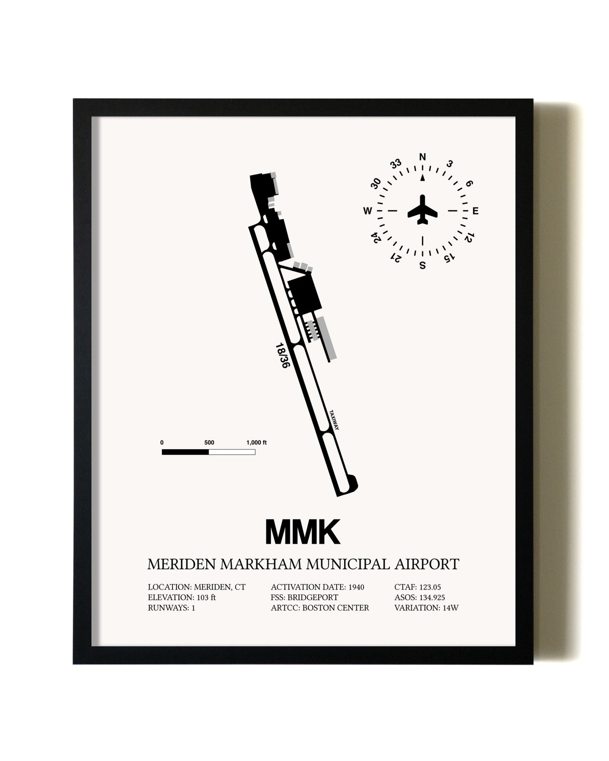 Framed Meriden Markham Municipal Airport wall art poster in black frame