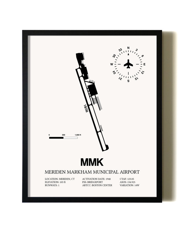 Framed Meriden Markham Municipal Airport wall art poster in black frame