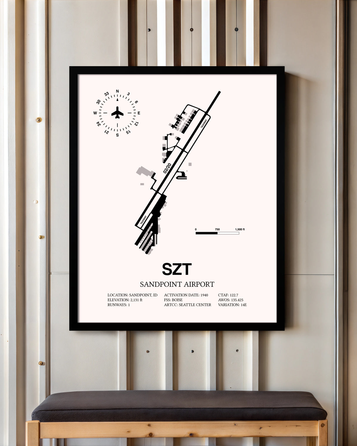 Sandpoint Airport framed poster displayed in an airplane hangar
