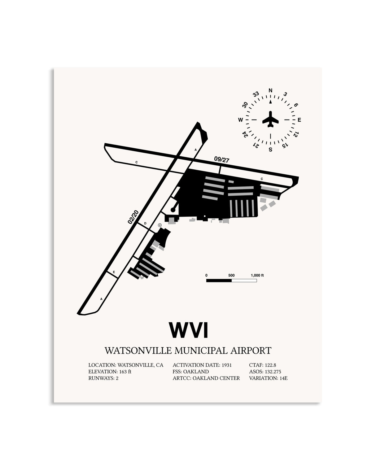 Gray Watsonville Municipal Airport framed poster displayed in an airplane hangar