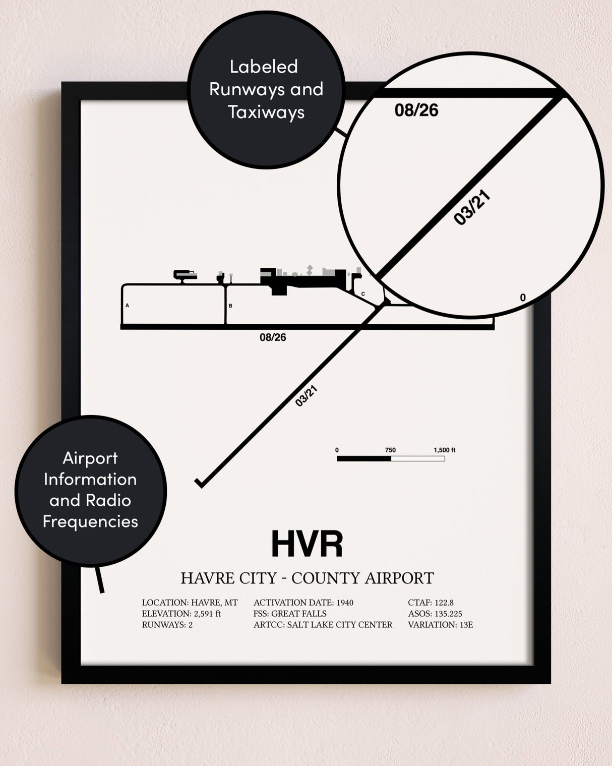Framed Havre City-County Airport layout wall art poster