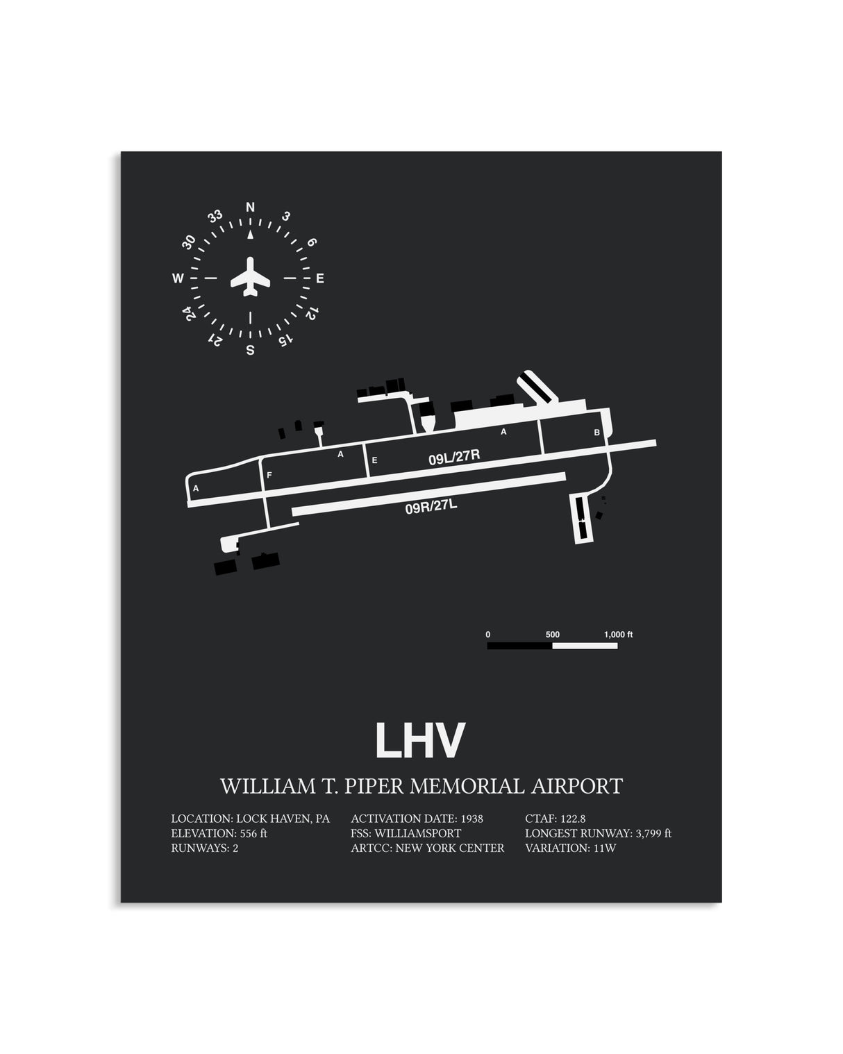 Gray Framed William T. Piper Memorial Airport layout wall art poster