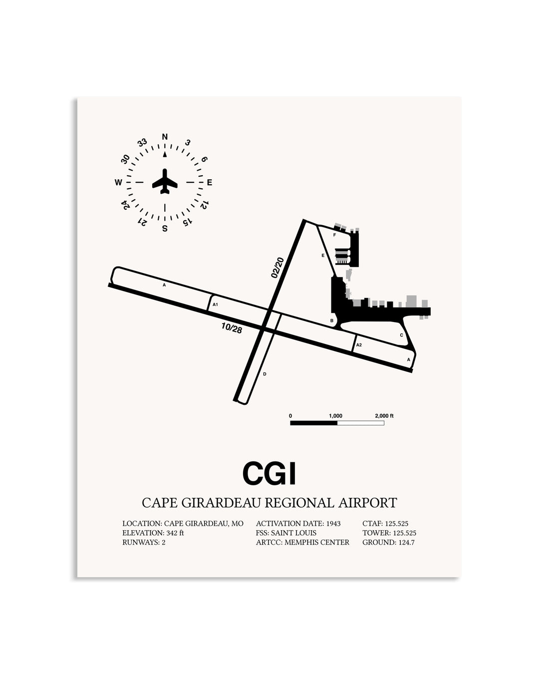 Gray Cape Girardeau Regional Airport framed poster displayed in an airplane hangar